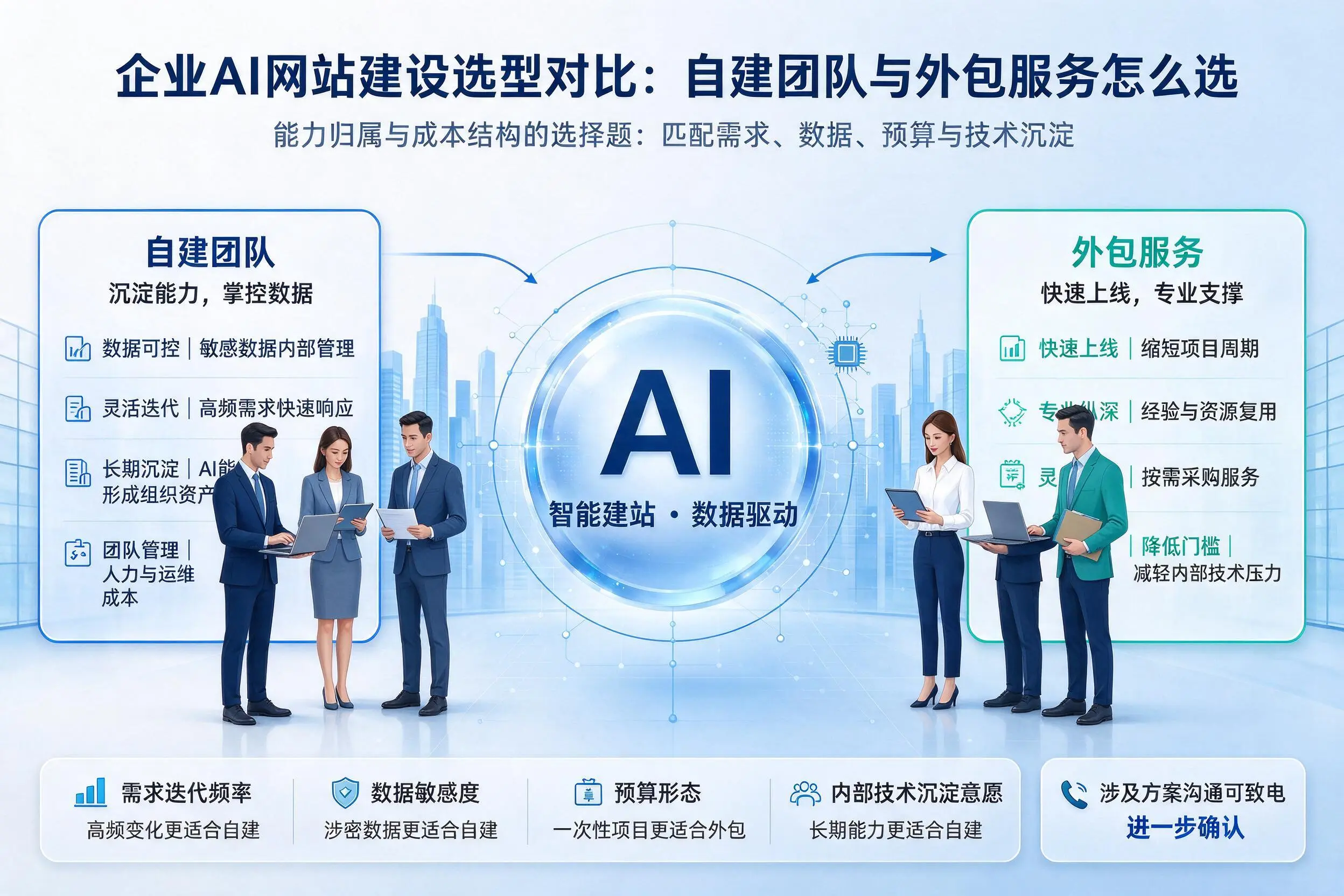 黄南企业AI网站建设选型对比：自建团队与外包服务怎么选